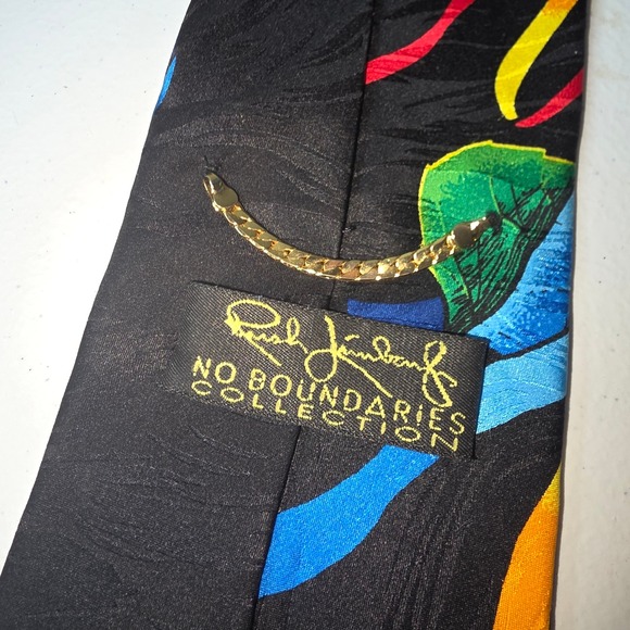 Rush Limbaugh No Boundaries Silk Tie Mens Black Abstract Botanical Gold Chain 4" - Picture 2 of 3